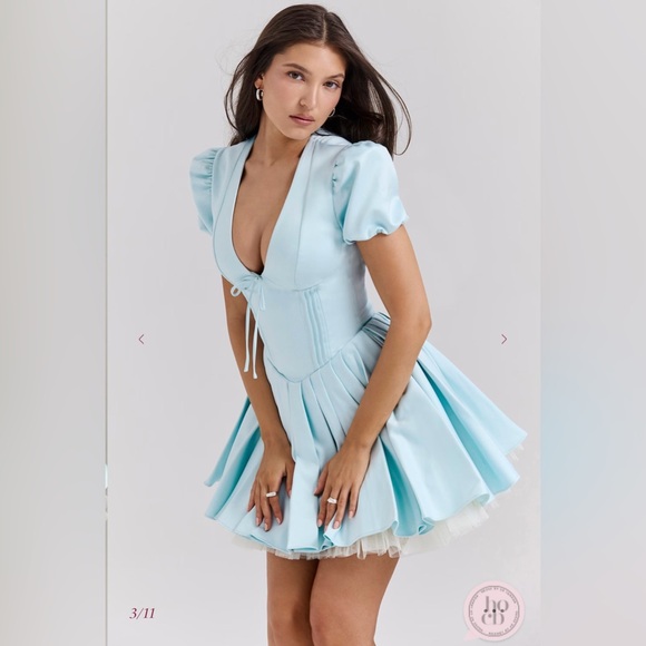 HOUSE OF CB 'IMANI' Delicate Blue Satin Pleated Mini Dress
